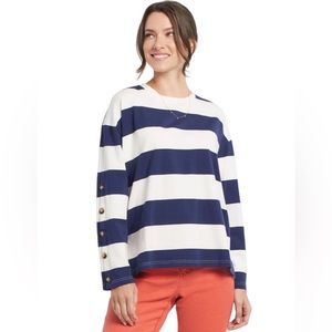 Tribal Navy Blue/White Striped Crew Neck Women's Top With Sleeve Buttons Size M